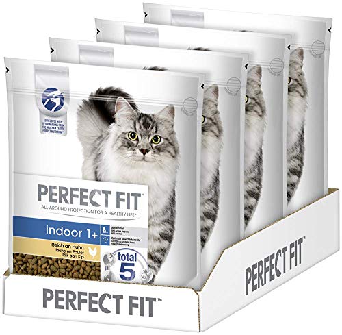 Perfect Fit Indoor 1 Trockenfutter für erwachsene Hauskatzen ab 1 Jahr Reich an Huhn Unterstützt die Vitalität 4 x 1 4 kg