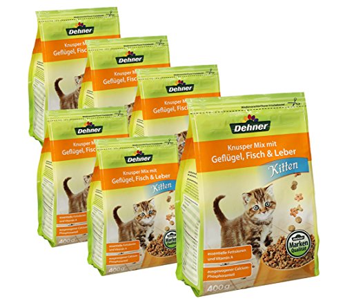 Dehner Katzenfutter Kitten Knusper-Mix Trockenfutter für junge Katzen Geflügel Fisch Leber 6 x 400 g 2.4 kg