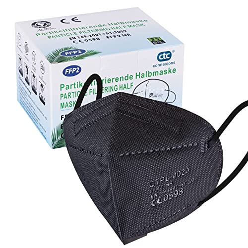 ctc connexions 25 Stück FFP2 Maske Schwarz 5 Lagen StaubmaskenCE0598 Zertifiziert Hochfiltrierende Atemschutzmasken Hygienisch Einzelverpackt
