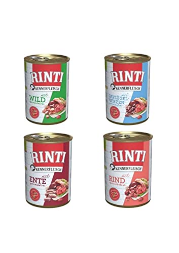 RINTI Kennerfleisch Hunde Nassfutter 8x400g Mixpaket 2x Ente 2x Rind 2x Wild 2x Geflügelherzen ohne Getreide