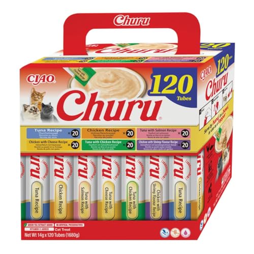 INABA Churu Katzenleckerlis Creamy Snack Variety Box mit Huhn Thunfisch Keine Nebenerzeugnisse Getreidefrei Zuckerfrei Kalorienarm Fleisch Premium Katzen Leckerlies 14 g x 120