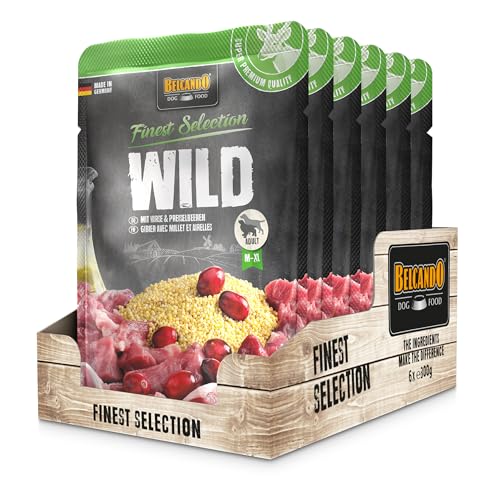 BELCANDO Frischebeutel 6x300g Wild mit Hirse Preiselbeeren Nassfutter für Hunde Feuchtfutter Alleinfutter im Einzelportionsbeutel