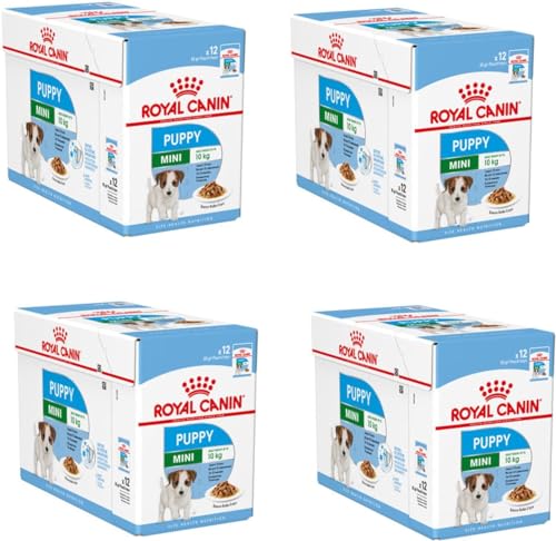 Royal Canin Mini Puppy 4er Pack 4 x 12 x 85 g Nassfutter für kleine Hundewelpen Bis zum 10. Lebensmonat Feine Stückchen in Soße Weiche Textur für die Milchzähne