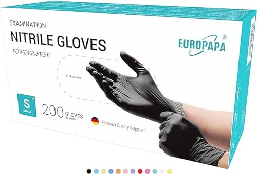 EUROPAPA 200x Einweghandschuhe Nitrilhandschuhe puderfrei Untersuchungshandschuhe EN455 EN374 latexfrei Einmalhandschuhe Handschuhe in Gr. S M L XL verfügbar M Schwarz