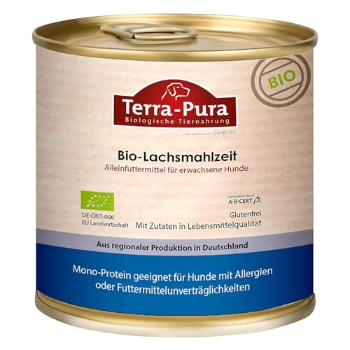 Terra-PURA Hundefutter nass Bio-Lachsmahlzeit 785g Premium Nassfutter aus Lachsfleisch für Erwachsene Hunde glutenfrei für Allergiker geeignet - Tiernahrung für Hunde