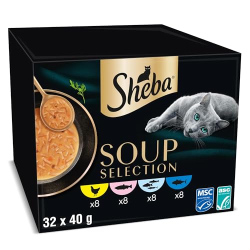 SHEBA Soup Adult Katzen-Nassfutter Portionsbeutel mit Huhn Thunfisch Lachs und Weißfisch 32 x 40g