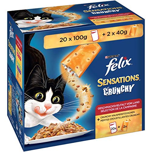 Felix Sensations Katzennassfutter Vitamine Omega 6 Crunchy Geschmacksvielfalt vom Land I Adult I 4er Pack 4 x 24 x 85 g