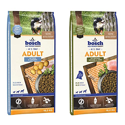 bosch HPC Adult mit Fisch Kartoffel Hundetrockenfutter für ausgewachsene Hunde aller Rassen 1 x 15 kg HPC Adult mit frischem Geflügel Hirse 1 x 15 kg