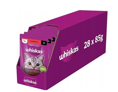 Whiskas Adult 1 Katzenfutter mit Rind in Soße Hochwertiges Nassfutter für ausgewachsene Katzen 28 Beutel 85g