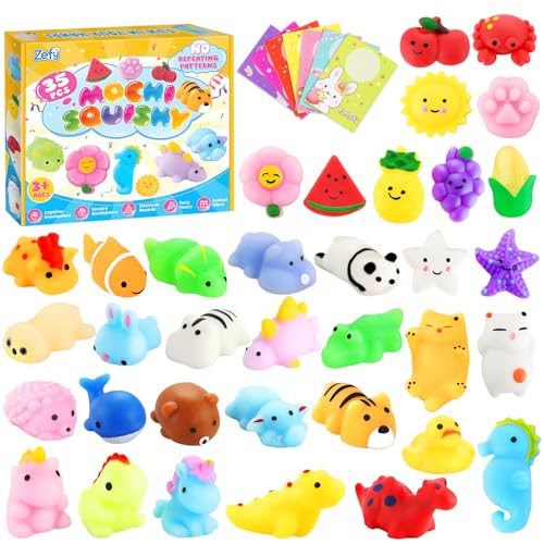 Zefy 35 Stück Squishy mit Karten Keine Dopplungen Mochi Kawaii Squishy Set Mini Squishies für Adventskalender Kindergeburtstag Mitgebsel Geschenke
