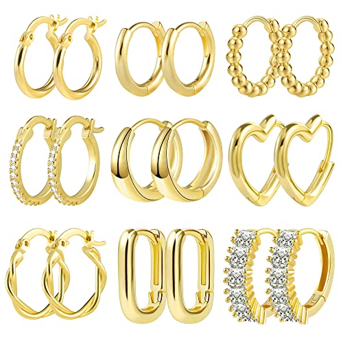 ALEXCRAFT 14k Echt Vergoldete Multipack Kleine Set Oval Zirkonia Twist Quadrat klobig Hypoallergen Piercing Knorpel für Mädchen