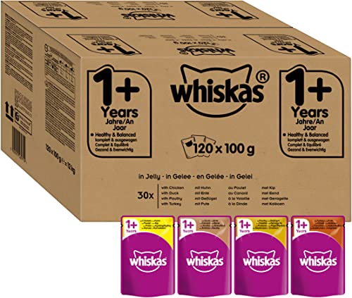 Whiskas 1 Katzennassfutter Geflügel Auswahl in Gelee Hochwertiges Feuchtfutter ausgewachsene im Portionsbeutel Katzenfutter Großpackung 120x 100g