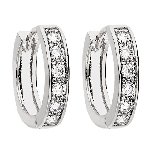 LÖB 750er 18 Karat Weißgold vergoldet Creolen Ohrringe Zirkonia Damen Ohrringe Glitzer Steine Klein Rund Damen Klappcreolen Kreolen Huggie Strass Brautschmuck Braut