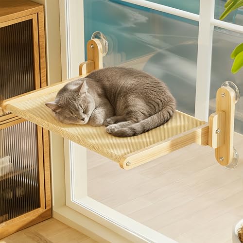 Holz Katzen Hängematte Fensterplätze Faltbare Stabile Hängematte mit Starken Saugnäpfen Kabelloses Design 2 Abnehmbarem Wendebezug für Inneneinrichtung Sonnenplätze Hält bis 22lbs 10kg 50x38cm