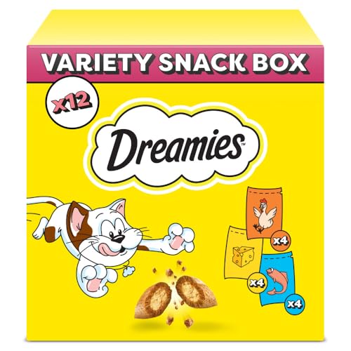 DREAMIES Katzensnacks   12x60g   Huhn Käse Lachs   Traumhaft knusprige Leckerlies zarter Füllung   Variety Snack Box