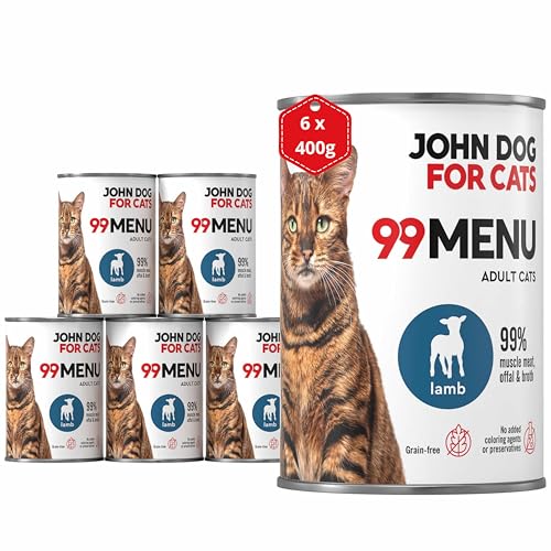Katzennassfutter ohne Zucker und Getreide - Lamm Huhn - Katzenfutter Nass mit 99% Fleischanteil - Nassfutter mit 100% frischen Zutaten für ausgewachsene Katzen - John Dog for Cats 99 MENU - 400g x 6