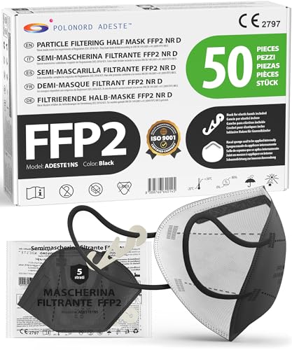 ADESTE 50x FFP2 Maske Hygienische 5-lagige Staubschutzmaske EN149 2001 A1 2009 Mundschutzmaske EU2016 425 Schwarz Atemschutzmaske Einzelne versiegelte Beutel
