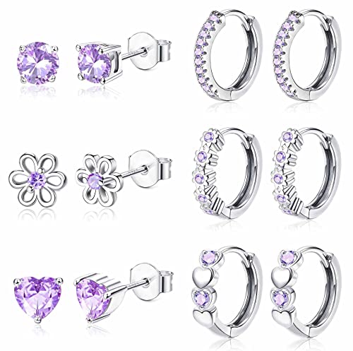 JeweBella 6 Paar Kleine Ohrringe Set für Damen Mädchen 925 Sterling Silber Pin Hypoallergen Sleeper Knorpel Ohrstecker Blume Herz Creolen Rosa Lila Blau Ohrringe Set für Kinder Frauen