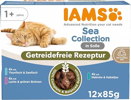 IAMS Delights Sea Collection Katzenfutter Nass Getreidefrei - Multipack mit Fisch Sorten in Sauce getreidefreies Nassfutter für Katzen ab 1 Jahr 12 x 85g