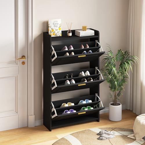 Aunvla 70 24 120cm Schuhschrank Schuhregal mit 6 Fächern Schränke Schuhschränke Schuhhochschränke Kann in Fluren Türen Wohnzimmern und Büros aufgestellt Werden MDF Spanplatte Schwarz