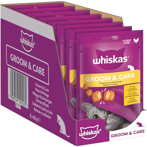 Whiskas Groom Care Katzensnacks im Portionsbeutel für ausgewachsene Katzen mit Huhn 8x45g