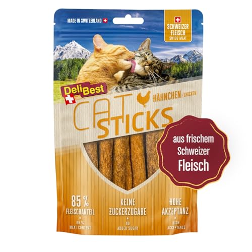 DeliBest Cat Sticks aus 100% Schweizer Hähnchenfleisch I Katzen Leckerlies getreidefrei I Snack ohne künstliche Zusatzstoffe I Futtermittel-Allergiker geeignet I 50g