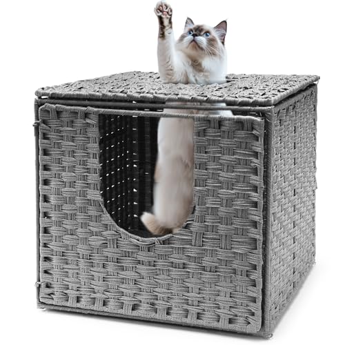 Fernlandia Katzenschrank Katzentoilette Handgewebte Versteckte Katzentoilettenmöbel Katzenhaus mit Tür und separater Trennwand Katzenhöhle 50 x 52 x 45 cm Grau