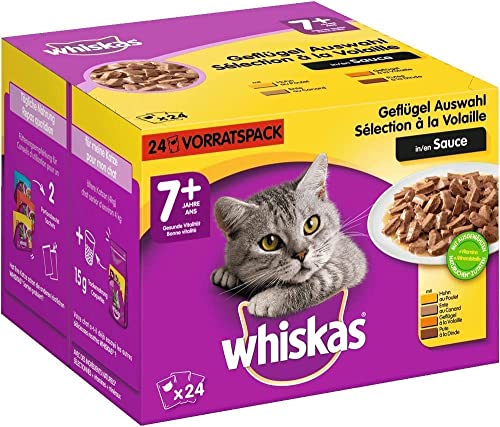 Whiskas 7 Katzenfutter Geflügel-Auswahl in Sauce Hochwertiges Katzenfutter ab dem 7. Lebensjahr und älter 2 x 24 Portionsbeutel 100g