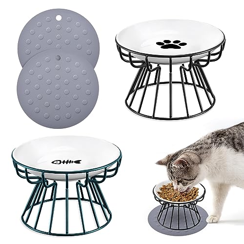 Surmounty Katzennäpfe 2Pcs Futternapf Katze Set Erhöhter Fressnapf Keramik Napf mit Metallhalter und Antirutschmatten Cat Bowl Futterschüssel für Haustiere Katzen und Welpen