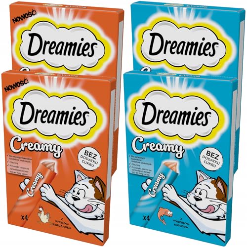 Dreamies Katzenleckerlis Creamy Snacks mit Lachs und Huhn Set mit 4 Packungen 16 Portionen 10g