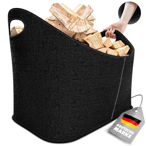 Xcelenze   XXL Holzkorb für Filzkorb extra dicker Filz verstärkte Griffe Filztasche faltbar auch als Einkaufskorb Auto Aufbewahrungskorb für Holz Zeitungen Schwarz