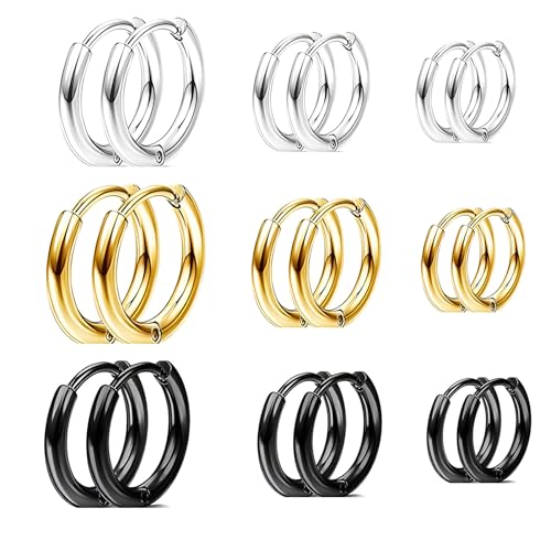 HinDaLi 9 Paar Ohrringe Creolen Silber Ohrringe Edelstahl Mädchen Ohrringe Herren Ohrringe Gold Klein Ohrringe Silber Creolen Ohrringe Damen Set Ohrringe Schwarz Herren Ohrringe für Männer Frauen