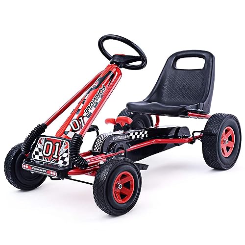 DREAMADE Kart Tretfahrzeug Tretauto Bremsen Pedalfahrzeug Verstellbarem Sitz für ab 3 Jahre Rot