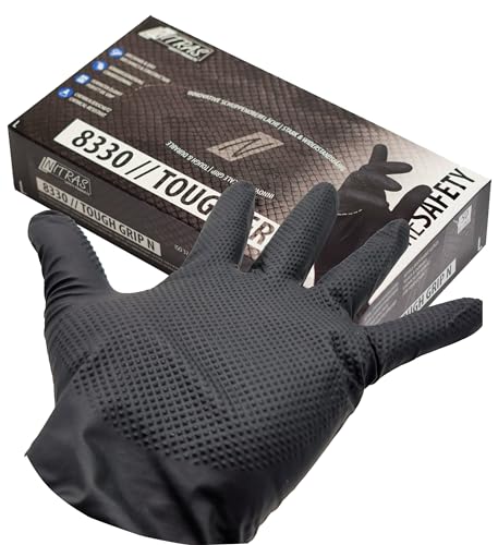 Tiga-Med Einweghandschuhe TOUGH GRIP 50 250 500 1000 Stück Einmalhandschuhe Extra Stark Nitrilhandschuhe Arbeitshandschuhe für Werkstatt Garten Labor Montage 50 Stk Box 50 XL