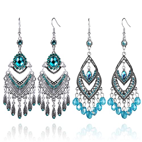 2 Paar Vintage Böhmische Tropfen Baumeln Ohrringe Statement Ohrringe Modeschmuck Ohrring Bleu Creolen Quaste Ohrringe Boho Retro Strass Ohrring Set für Damen und Mädchen Geburtstag Abendessen Party