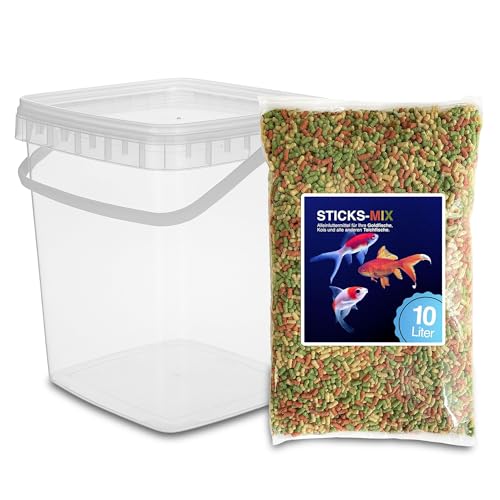 Teichsticks Mix 10L 800g inklusive Eimer mit Deckel buntes Fischfutter für Koi Goldfisch Teichfisch schwimmfähig mit Vitaminen Premium Alleinfutter Nicht trübend
