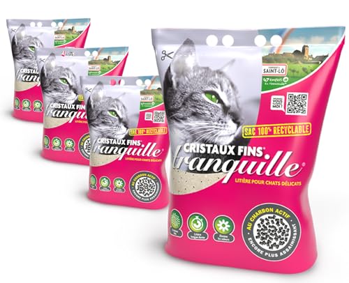 TRANQUILLE - Katzentoilette Silizium mit feinen Kristallen Aktivkohle Ultra saugfähig geruchshemmend Set mit 4 x 3 70 l hygienische Katzenstreu ohne Staub Komfort für Katzen innere