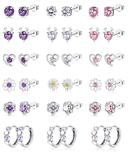 JeweBella 18 Paar Silber Ohrstecker Set für Damen Mädchen Kinder 925 Sterling Silber Pin Hypoallergen Rosa Lila Blume Herz Hirsch Cubic Zirkonia Ohrringe Set Herz Kleine Creolen Schmuck Geschenk