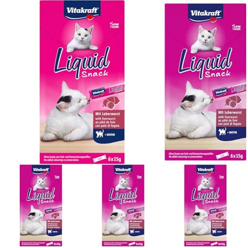 Vitakraft Liquid Snack Katzen Leckerli Katzensnack cremig mit Leberwurst und Biotin in einzelnen Sachets für bessere Haut 1 Paket mit 6X 15g Packung mit 5