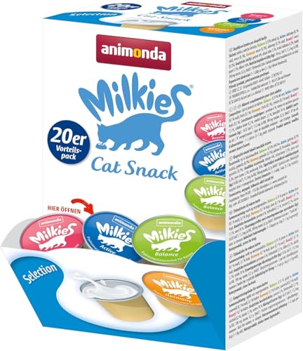animonda Milkies Selection 20 Cups 15 g leicht verdauliche Katzenmilch für erwachsene Katzen praktisches Vorteilspack mit 20 Katzenmilch Cups Milch-Snack ohne Soja und Zucker