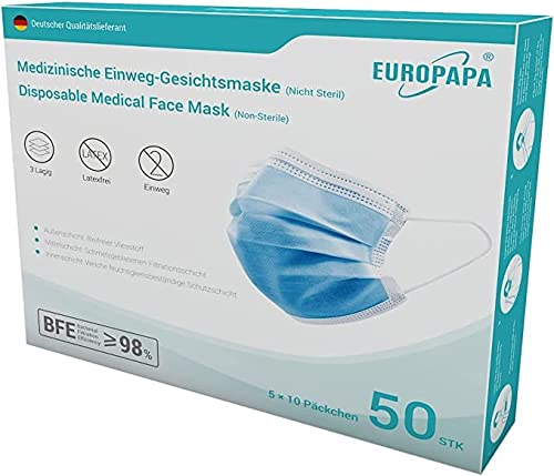 EUROPAPA Blau Medizinisch Type IIR Norm EN14683 TÜV CE zertifizierte Mundschutzmasken OP 3 lagig Mundschutz Gesichtsmaske Einwegmaske BFE 98% 1 Box 50 Stück
