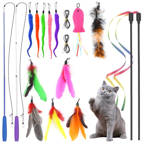 UGBO Interaktives Katzenspielzeug Intelligenz Katzen Angel Set Spielzeug Kätzchen Zauberstab Spielzeug mit Federn Cat Toys Katzenangel Stabil Katzenspiel Simucatstick für Große Kleine Katzen Stil 1