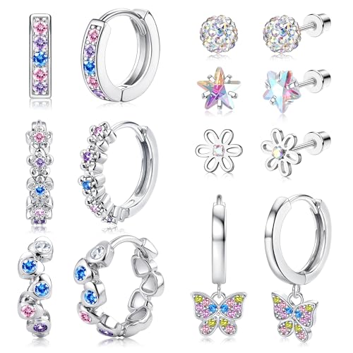 Diamday 7 Paar Hypoallergene Ohrringe Set für Mädchen und Damen - Chirurgenstahl Creolen Huggie Herz CZ Stern Blume Tragus Knorpel Piercing in Rosa Mehrfarbig