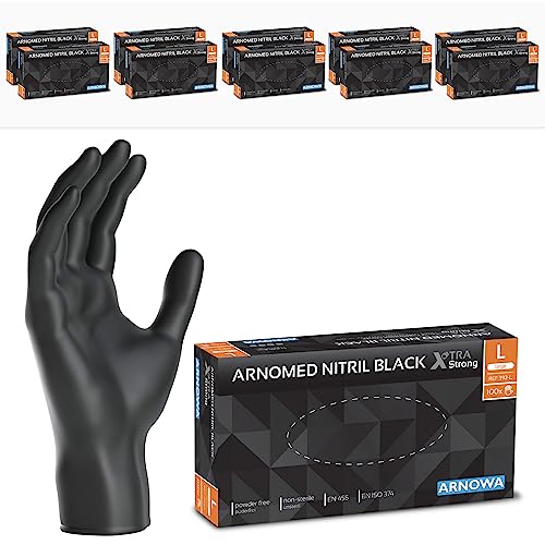 ARNOMED Einweghandschuhe Schwarz Extra Stark Einmalhandschuhe L 50% dickere Nitrilhandschuhe 1000 Stück Handschuhe Einweg puderfrei latexfreie Gummihandschuhe Einweghandschuhe in S M L XL