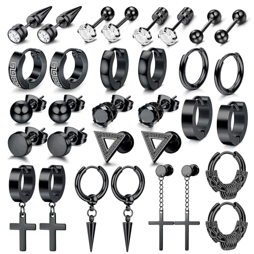 Dochais 16 Paar Edelstahl Ohrstecker Set Ohrring Hypoallergen Zirkonia Ohrstecker Kreuz Baumelnde Ohrring Gothic Piercing Knorpel Schwarz für Männer