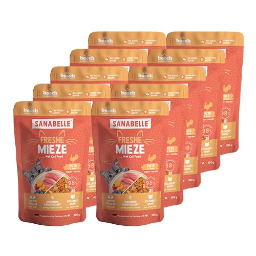 Sanabelle Freshe Mieze - Pute und Huhn 10 x 100 g Beutel voll recyclingfähig Dampfgegartes Nassfutter für Katzen Katzenfutter wie frisch gekocht Eine Marke von Bosch Tiernahrung