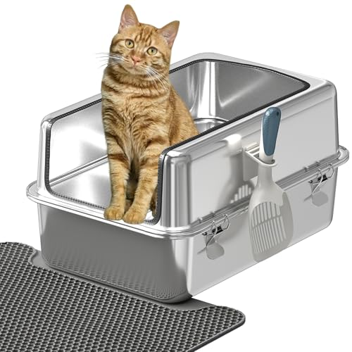 Youyijia XL Katzentoilette Edelstahl 30L Katzentoilette mit spritzwassergeschützt Deckel großem Metall-Streubehälter Streumatte und Streuschaufel große und mittelgroße Katzen 59 5 x 39 5 x 30 cm