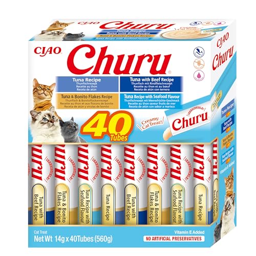 INABA Churu Katzenleckerlis Liquid Snack Variety Box mit Thunfisch Getreidefrei Zuckerfrei ohne künstliche Aromen 100% natürliches Fleisch Premium Katzensnacks aus Japan 40 x 14 g