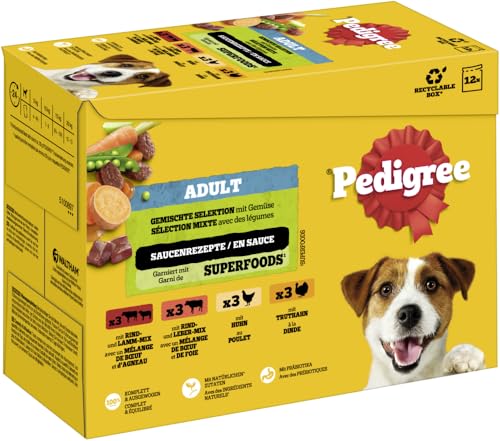 Pedigree Adult Portionsbeutel in Sauce Gemischte Selektion mit 4 Varietäten Multipack 12 x 100g