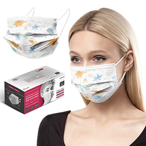 HARD 100x OP Maske MADE IN GERMANY OEKO TEX Standard 100 Medizinischer MNS Typ IIR Qualitäts  Atemschutz 3 lagig Einweg Gesichtsmasken   Dinosaurier Motiv   100 Stk